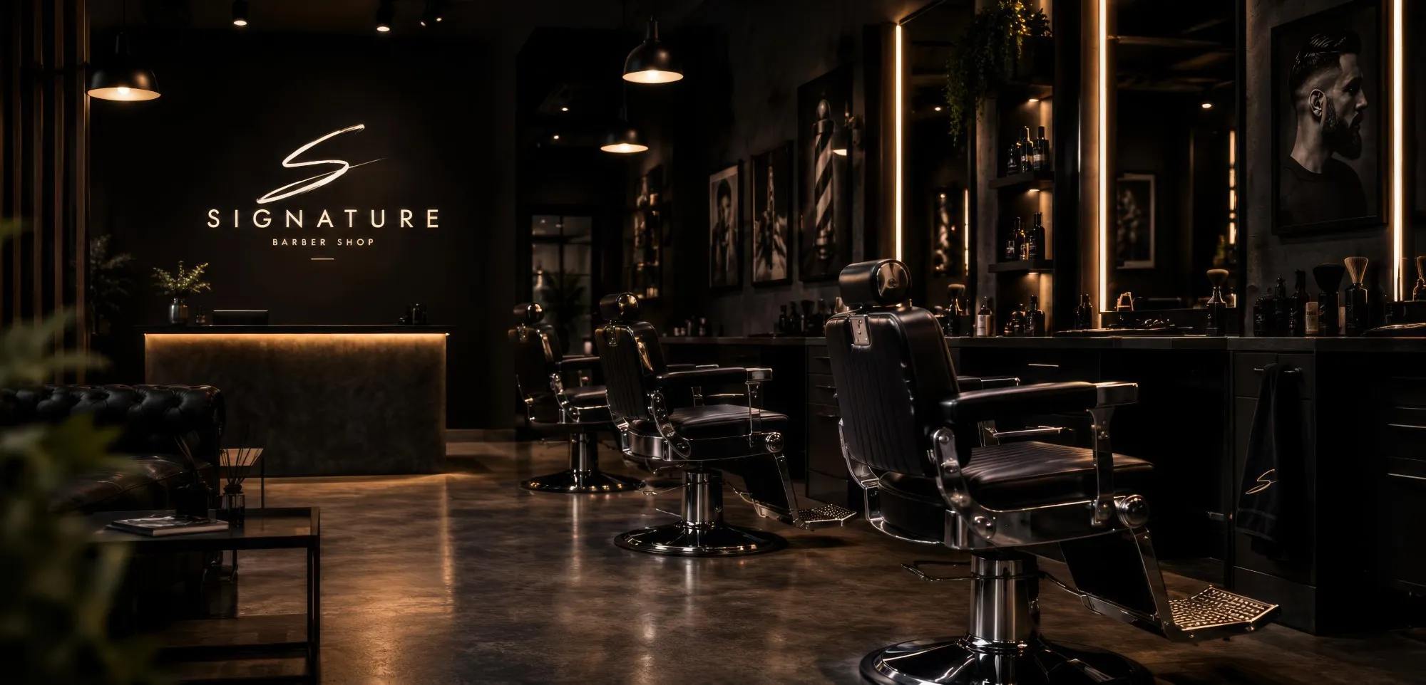 Wnętrze Signature Barber Shop: recepcja z logo i fotele barberskie
